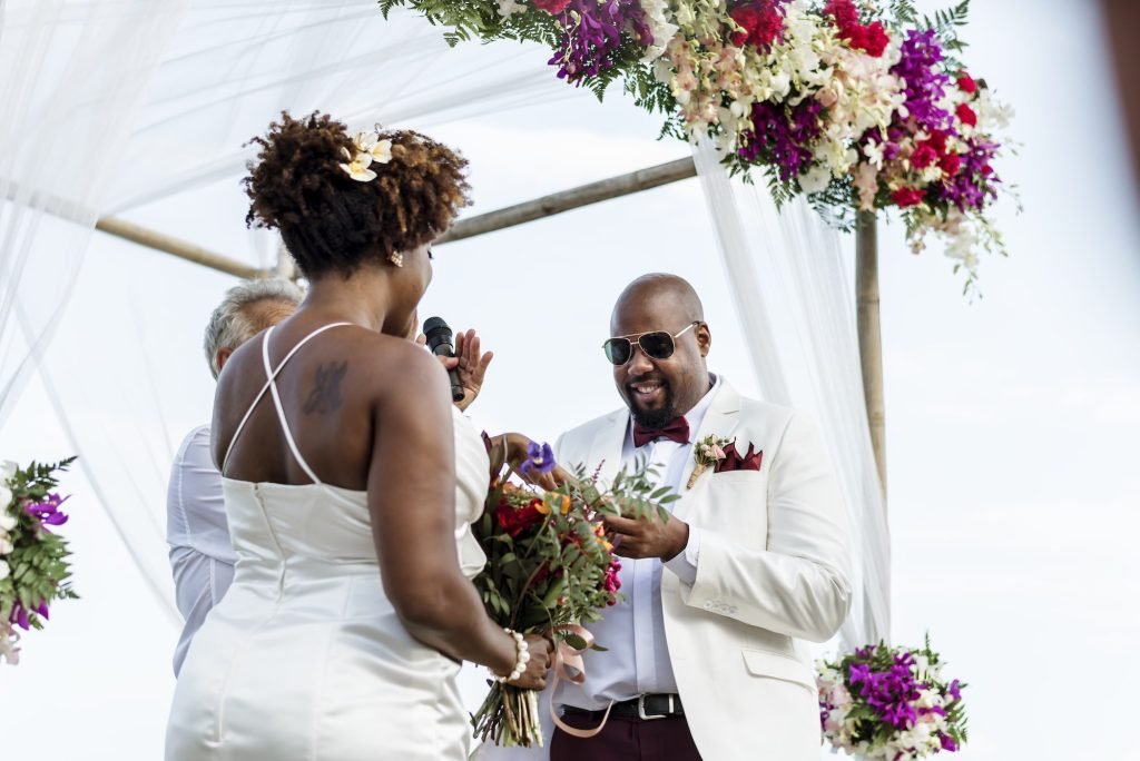 A tropical island wedding ceremony